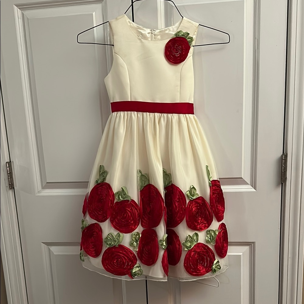 Elegant Cream and Red Floral Kids Dress NWT